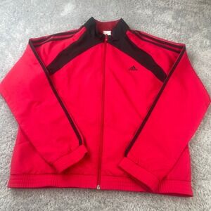 Adidas Track Jacket Womens Large Red Black Full Zip 3 Stripe AV1001